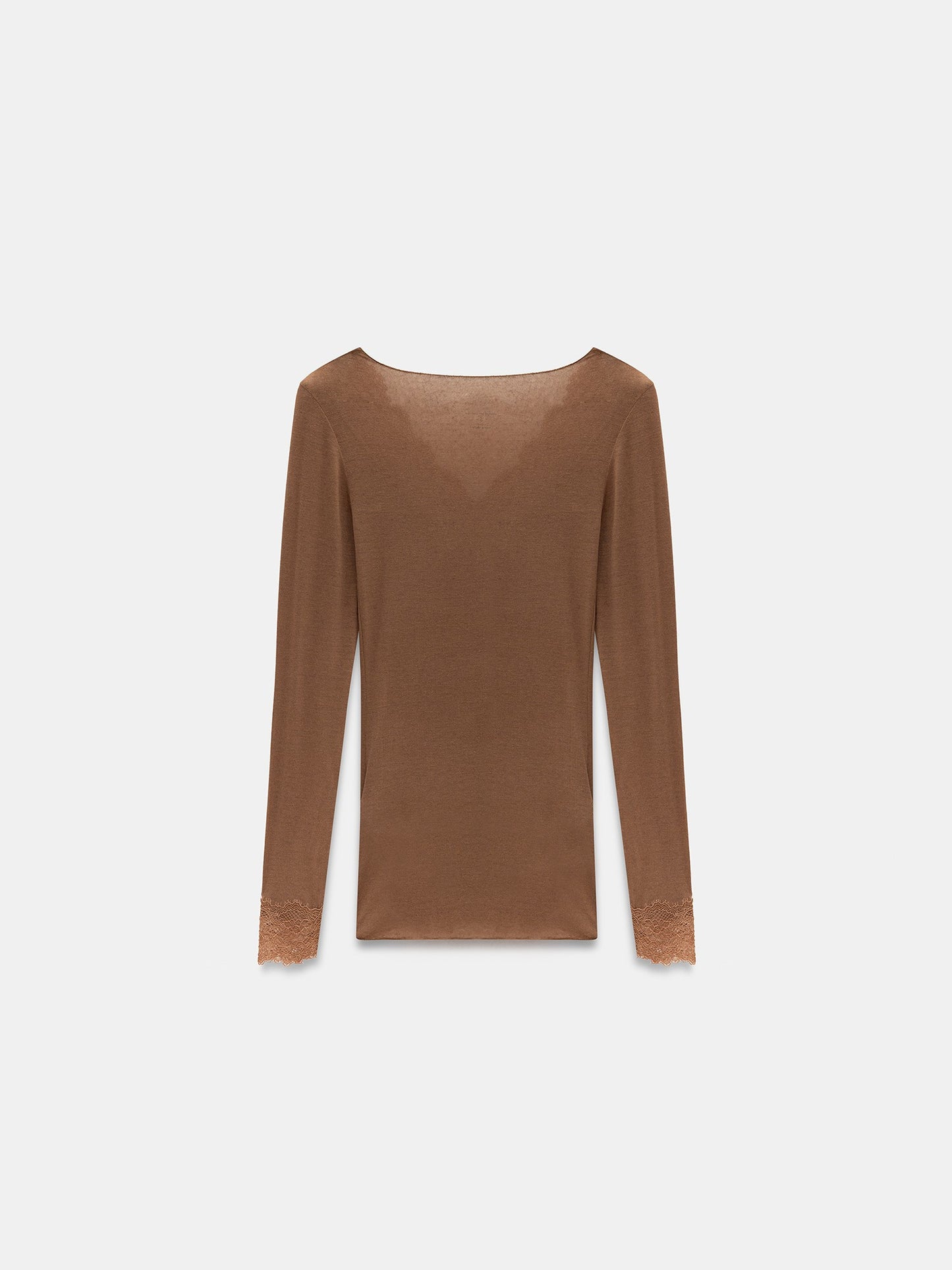 Women’s Mink Lace Trim Micro Modal & Cashmere Blend Blouse – Soft Stretch Long Sleeve Top