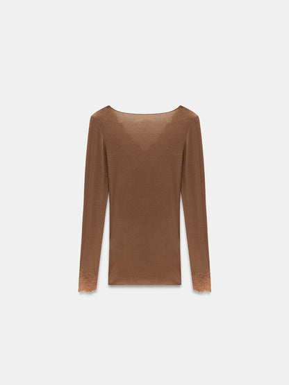 Women’s Mink Lace Trim Micro Modal & Cashmere Blend Blouse – Soft Stretch Long Sleeve Top