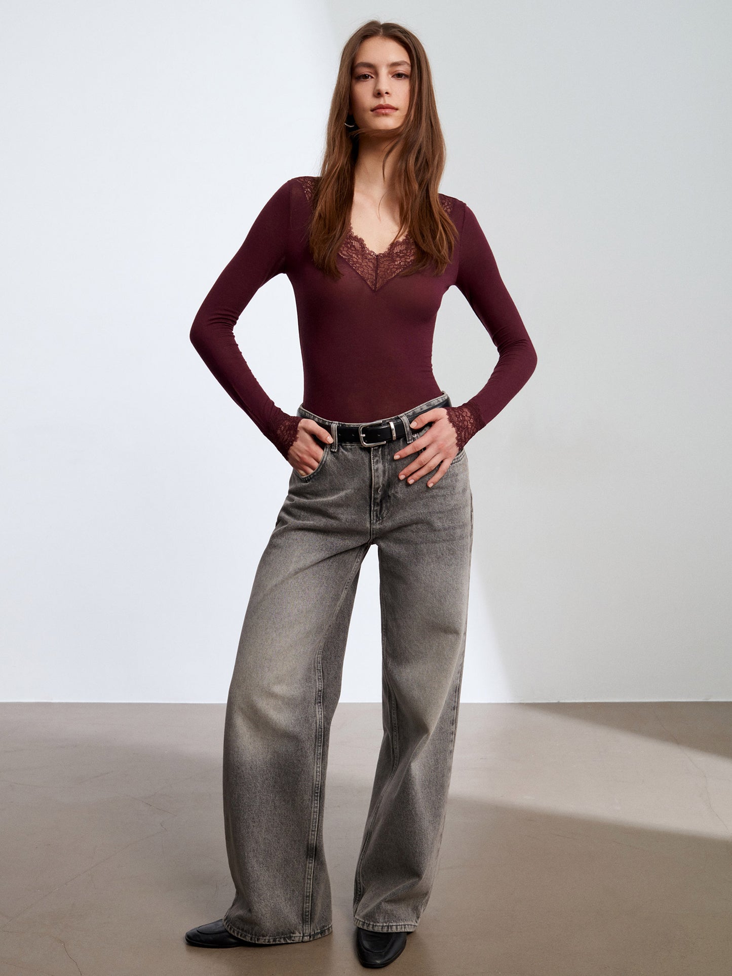 Cashmere LightWeight Blouse - Shirt for Women Lace Trim Micro Modal & – Soft Stretch Long Sleeve Top - Plum