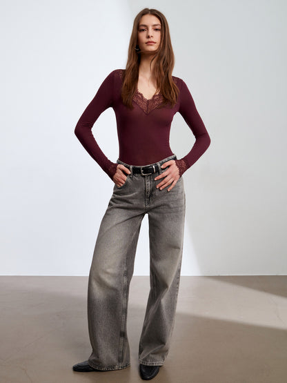 Cashmere LightWeight Blouse - Shirt for Women Lace Trim Micro Modal & – Soft Stretch Long Sleeve Top - Plum