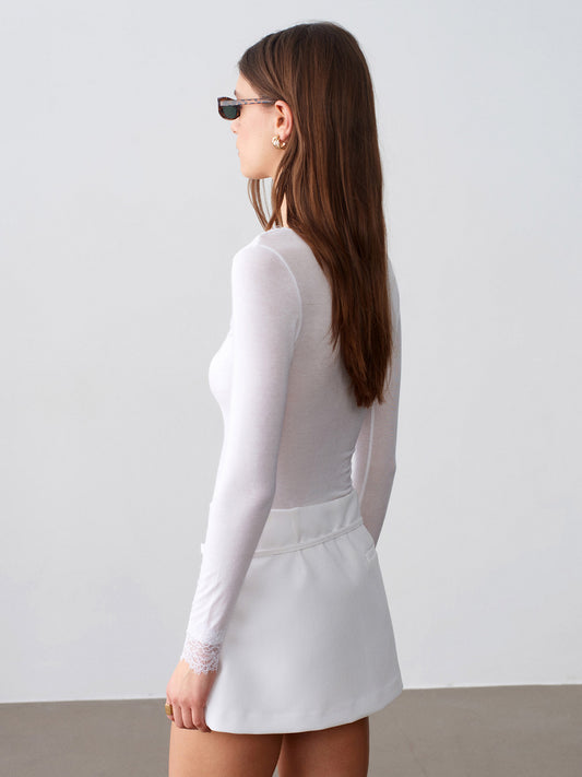 Women’s Cashmere Blouse - Shirt Lace Trim – Soft Stretch Lightweight Long Sleeve Top - White