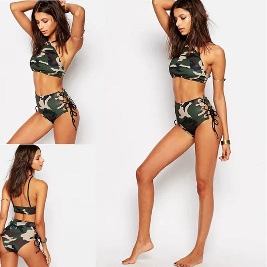 European Camouflage Print Halter Two-Piece Bikini