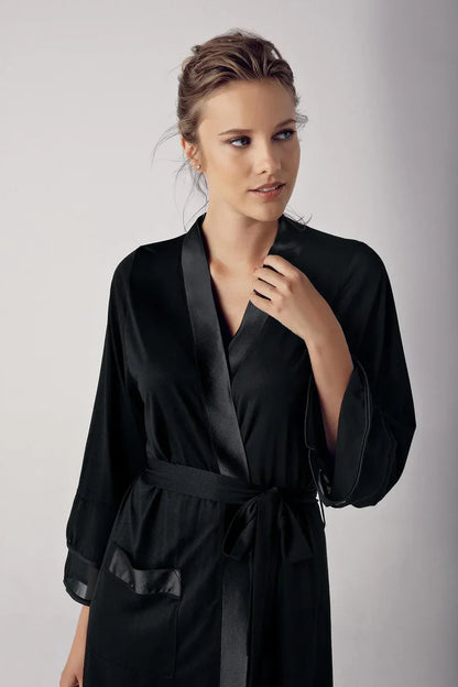 Women's Viscose Black Long Chiffon Satin-Detail Long-Sleeve Robe