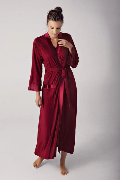 Women's Burgundy Long Chiffon Satin-Detail Long-Sleeve Viscose Robe