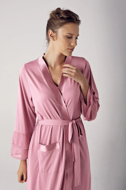 Women's Rose Long Chiffon Satin-Detail Long-Sleeve Viscose Robe