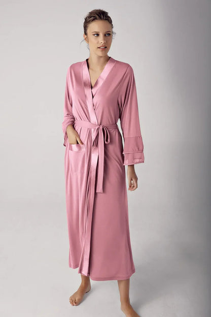 Women's Rose Long Chiffon Satin-Detail Long-Sleeve Viscose Robe