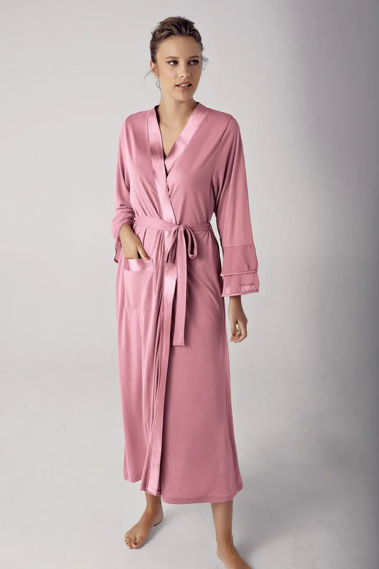 Women's Rose Long Chiffon Satin-Detail Long-Sleeve Viscose Robe