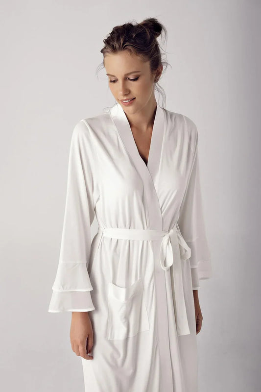 Women's Ecru Long Chiffon Satin-Detail Long-Sleeve Viscose Robe