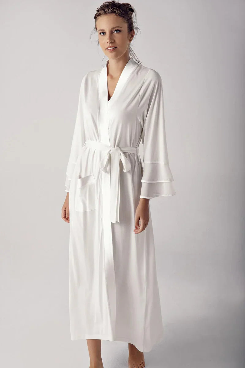 Women's Ecru Long Chiffon Satin-Detail Long-Sleeve Viscose Robe