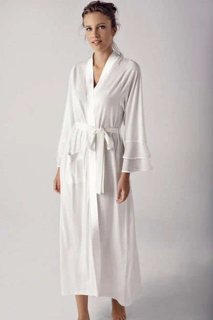 Women's Ecru Long Chiffon Satin-Detail Long-Sleeve Viscose Robe