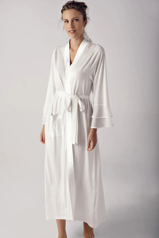Women's Ecru Long Chiffon Satin-Detail Long-Sleeve Viscose Robe
