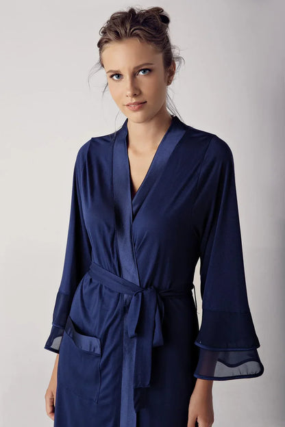 Women's Navy Blue Long Chiffon Satin-Detail Long-Sleeve Viscose Robe