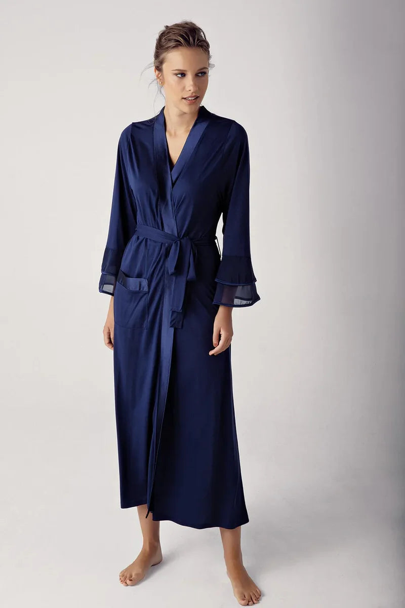 Women's Navy Blue Long Chiffon Satin-Detail Long-Sleeve Viscose Robe