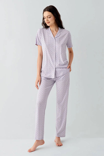 Modal Cotton Short Sleeve Shirt and Pants Pajama Set for Women - Purple