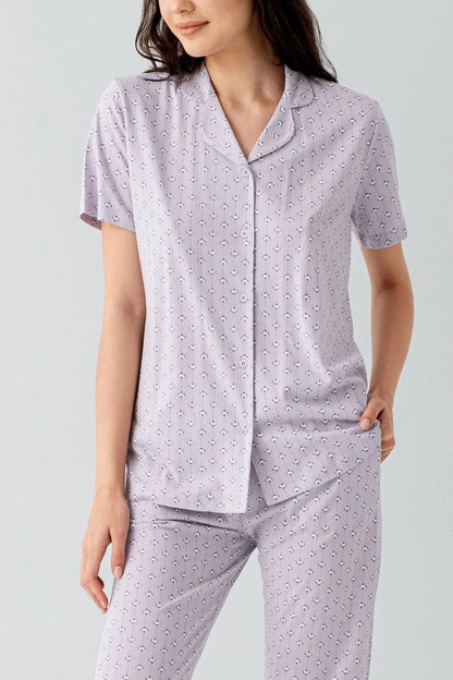 Modal Cotton Short Sleeve Shirt and Pants Pajama Set for Women - Purple