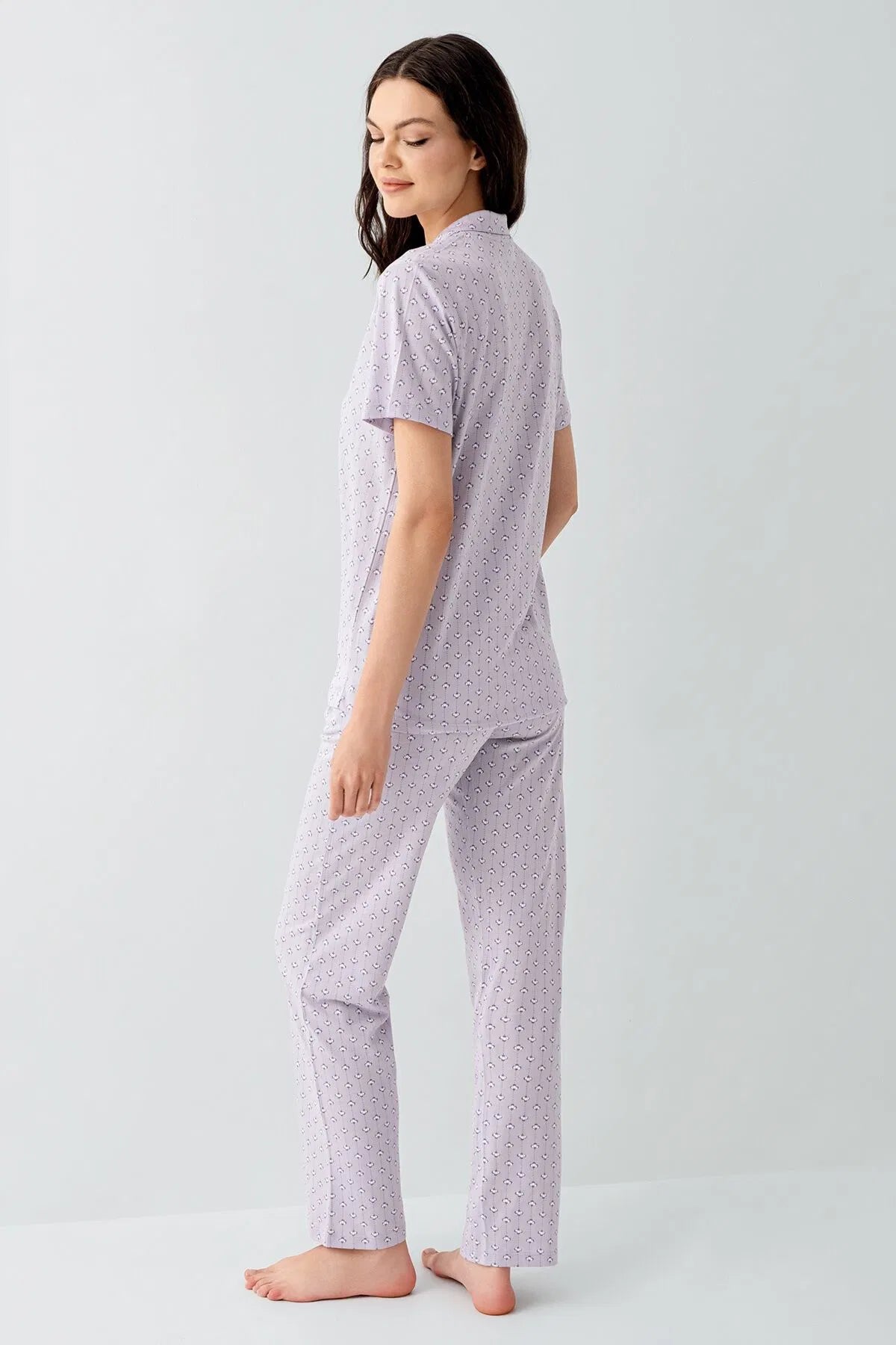 Modal Cotton Short Sleeve Shirt and Pants Pajama Set for Women - Purple