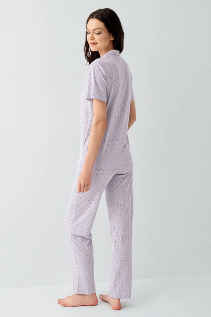 Modal Cotton Short Sleeve Shirt and Pants Pajama Set for Women - Purple