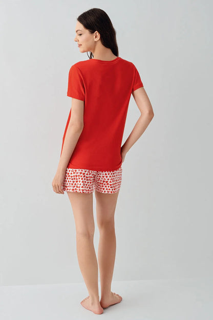 100% cotton Short Sleeve Shirt and Shorts Set for Women - Red