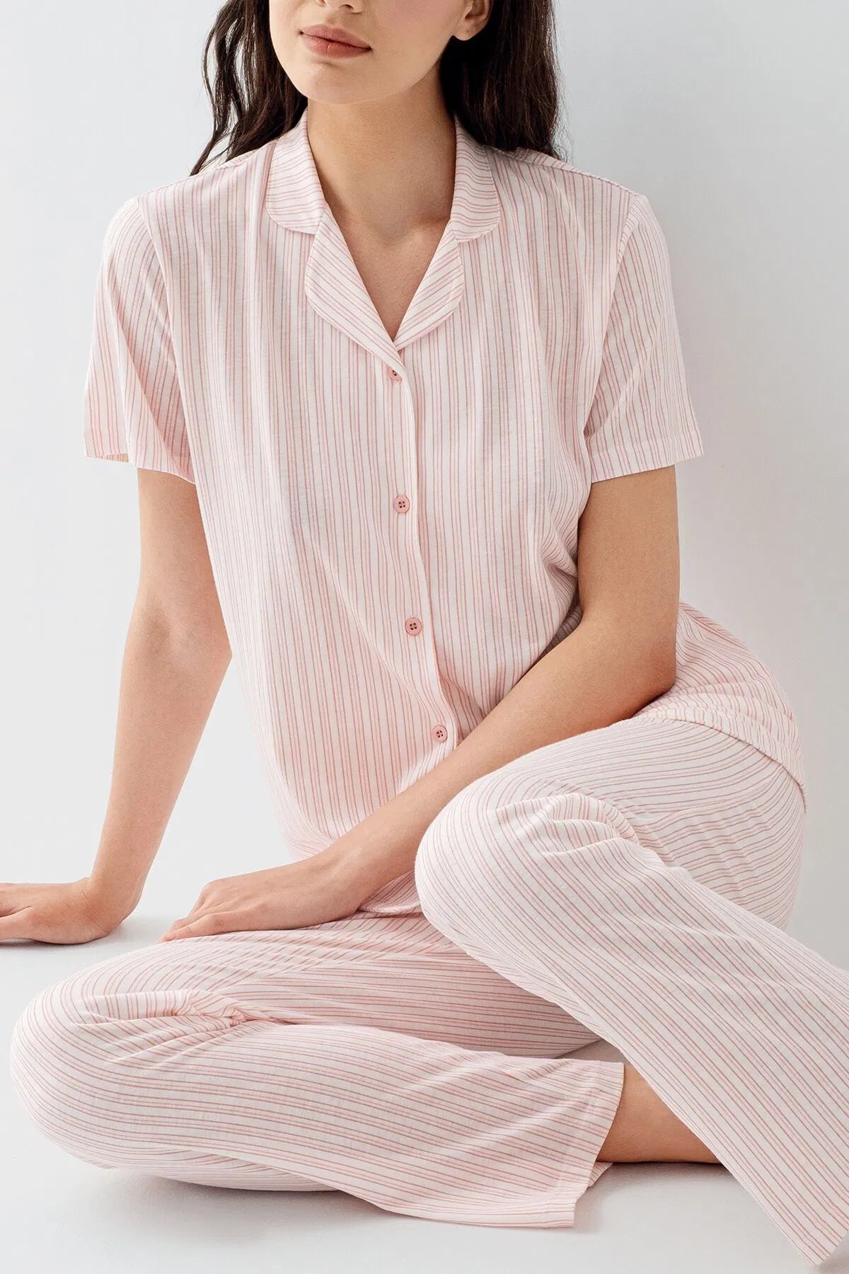 Short Sleeve Cotton Modal Shirt & Pants Pajama Set for Women - Pink