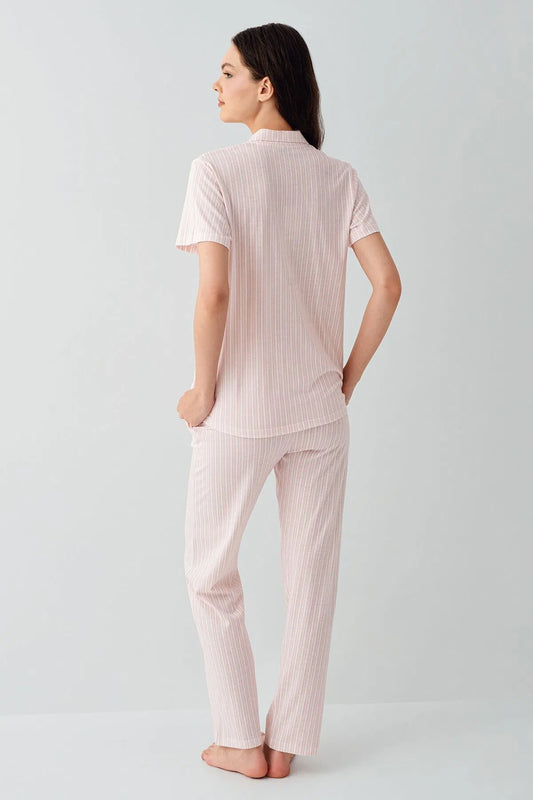 Short Sleeve Cotton Modal Shirt & Pants Pajama Set for Women - Pink