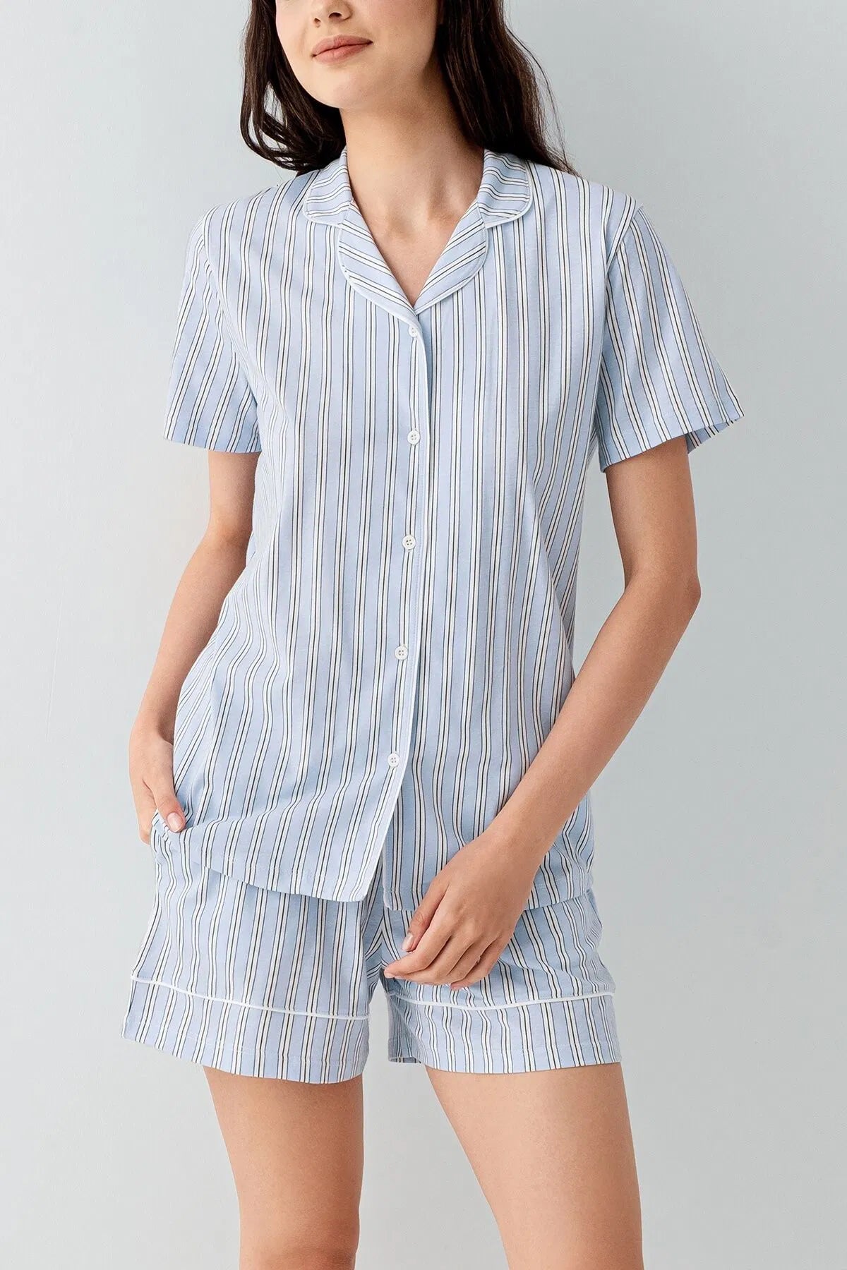 100% cotton Short Sleeve Shirt and Shorts Set for Women - Blue