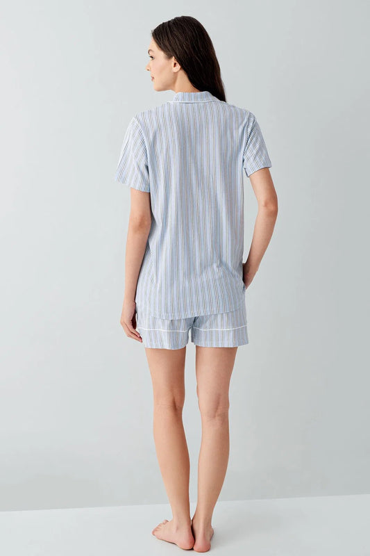 100% cotton Short Sleeve Shirt and Shorts Set for Women - Blue