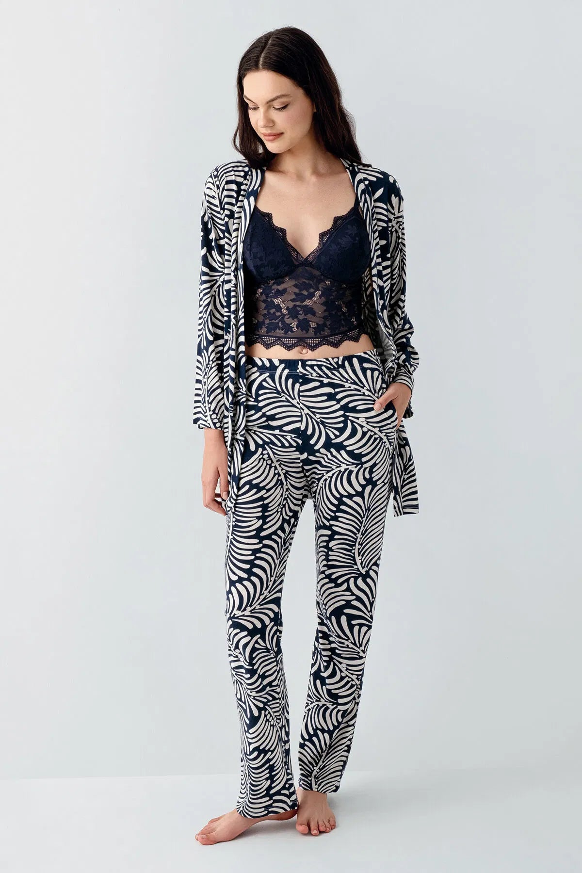 Long Sleeve Cotton Modal 3-Piece Crop Top Pajama Set for Women - Navy Blue