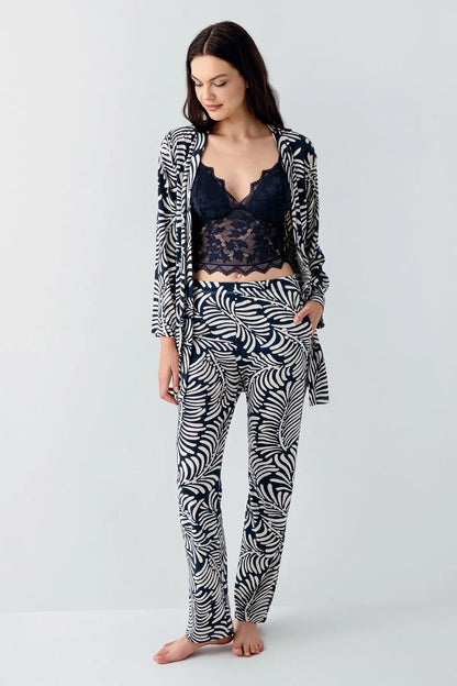 Long Sleeve Cotton Modal 3-Piece Crop Top Pajama Set for Women - Navy Blue