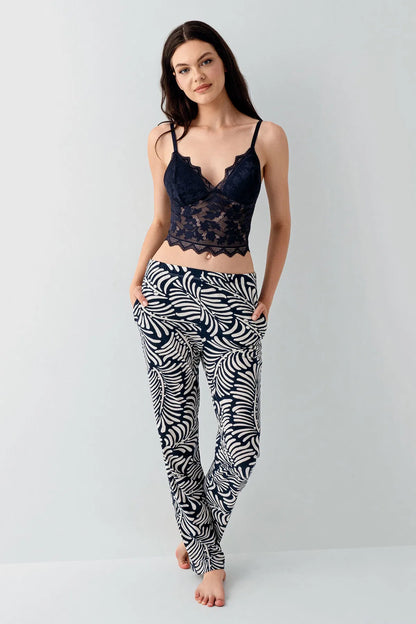 Long Sleeve Cotton Modal 3-Piece Crop Top Pajama Set for Women - Navy Blue