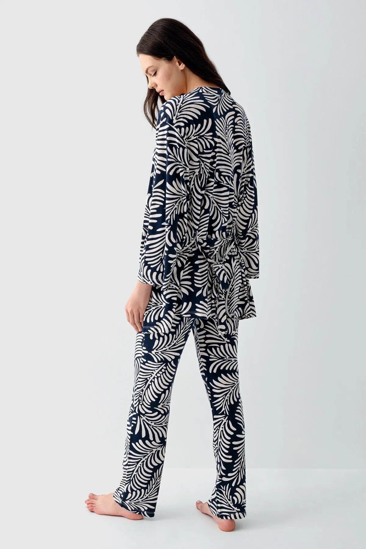Long Sleeve Cotton Modal 3-Piece Crop Top Pajama Set for Women - Navy Blue