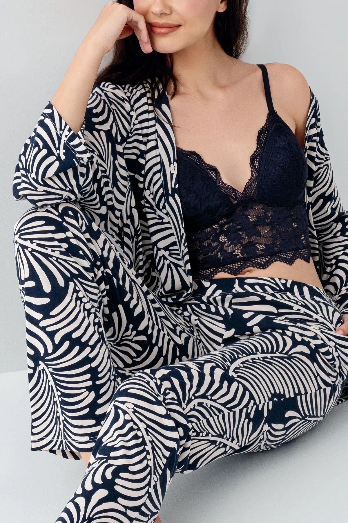 Long Sleeve Cotton Modal 3-Piece Crop Top Pajama Set for Women - Navy Blue