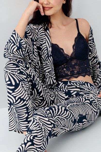Long Sleeve Cotton Modal 3-Piece Crop Top Pajama Set for Women - Navy Blue