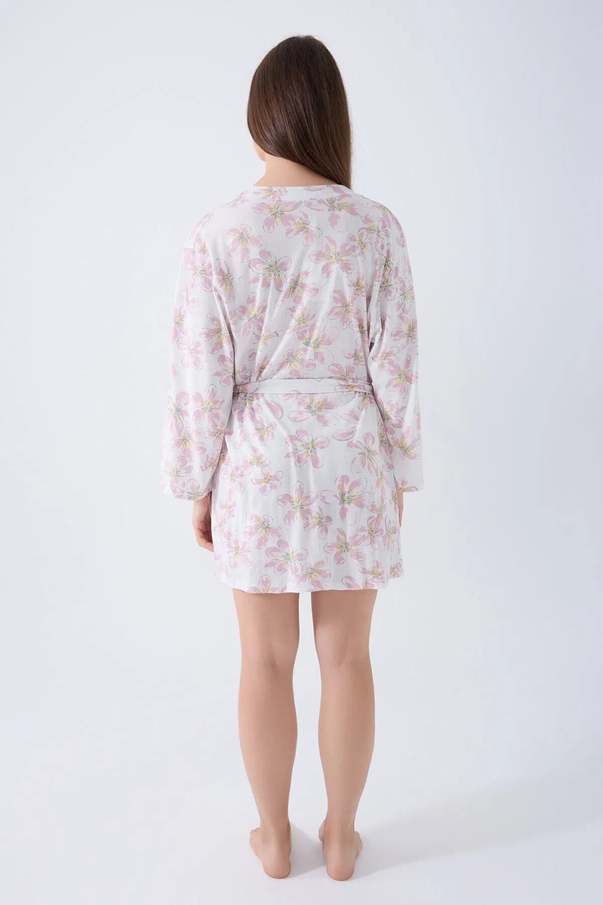 Cotton Modal Long Sleeve 3-Piece Crop Top Robe Set for Women - Pink