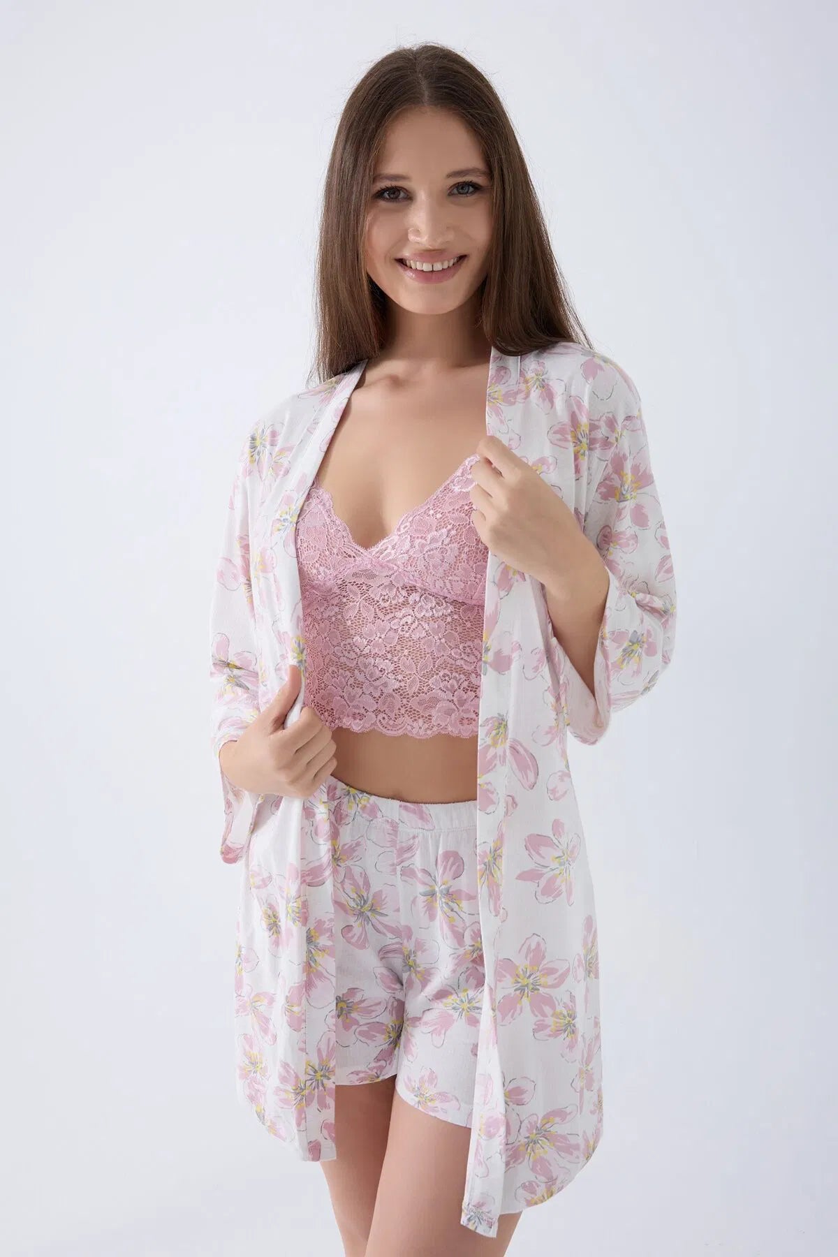 Cotton Modal Long Sleeve 3-Piece Crop Top Robe Set for Women - Pink