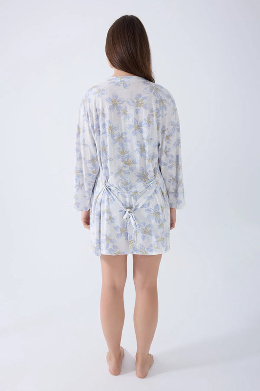 Cotton Modal Long Sleeve 3-Piece Crop Top Robe Set for Women - Blue