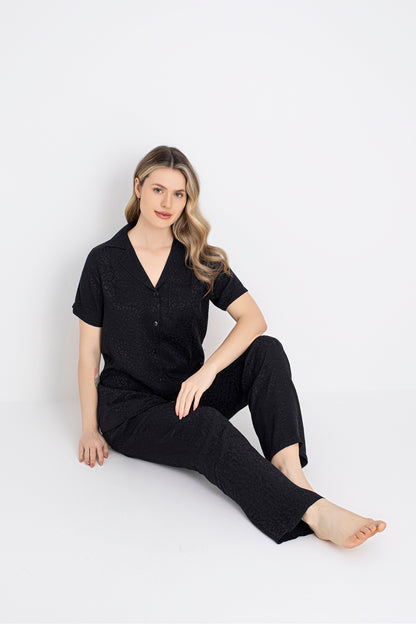 Women’s Short-Sleeve Button-Front Black Leopard Print Pajama Set – 100% Viscose