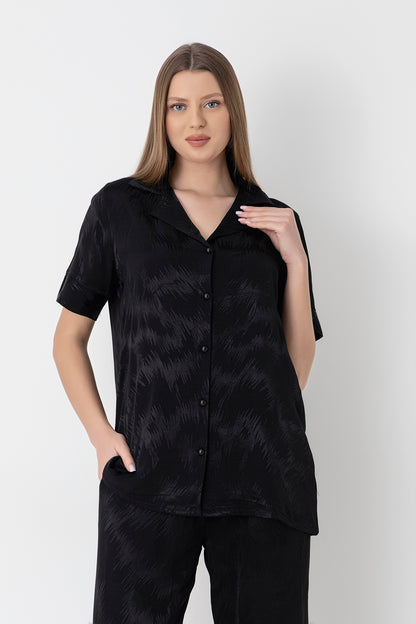 Women's Woven Satin Wide-Leg Black Pajama Set