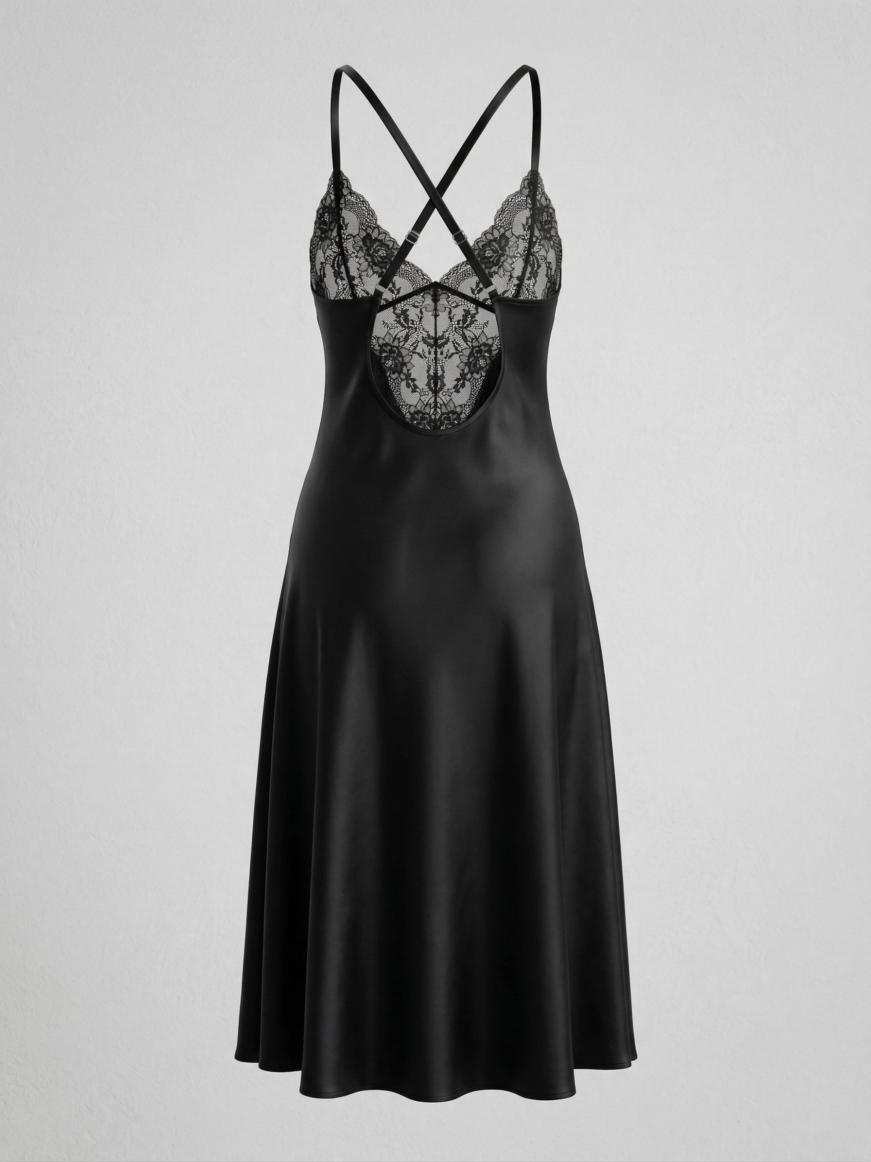 Women's Black Spaghetti Strap Maxi Satin Nightgown With High Slit