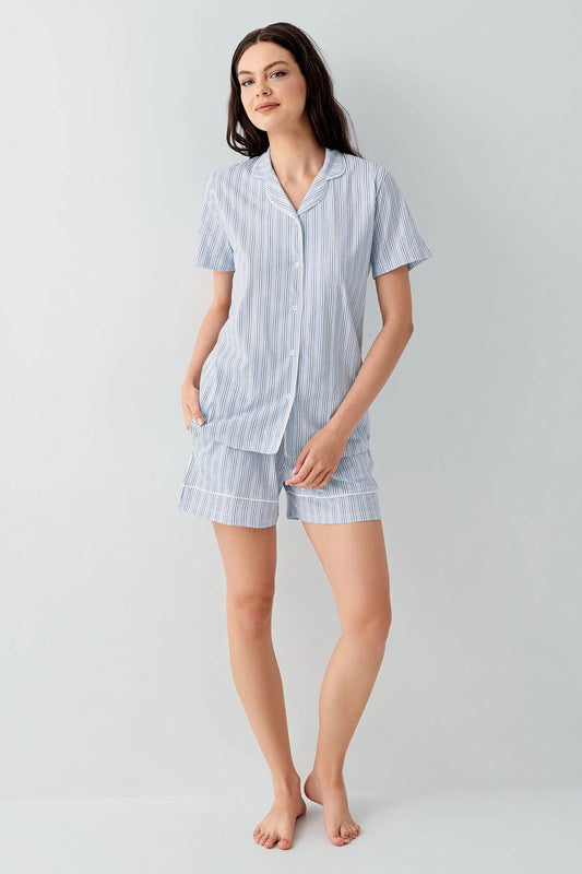 Women's 100% cotton Short Sleeve Blue Shirt and Shorts Set