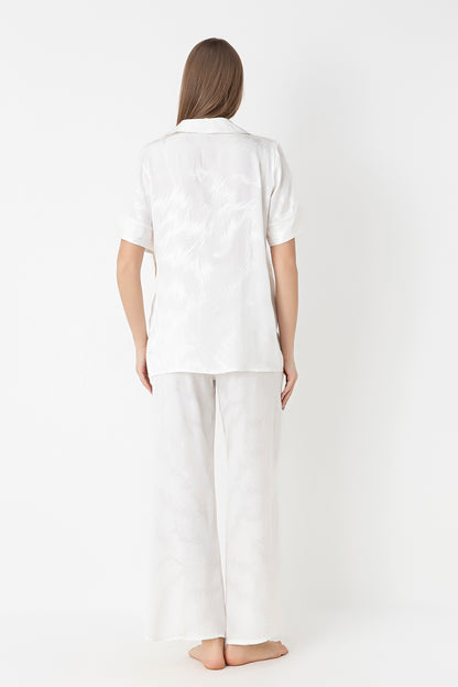 Women's Woven Satin Wide-Leg Ecru Pajama Set