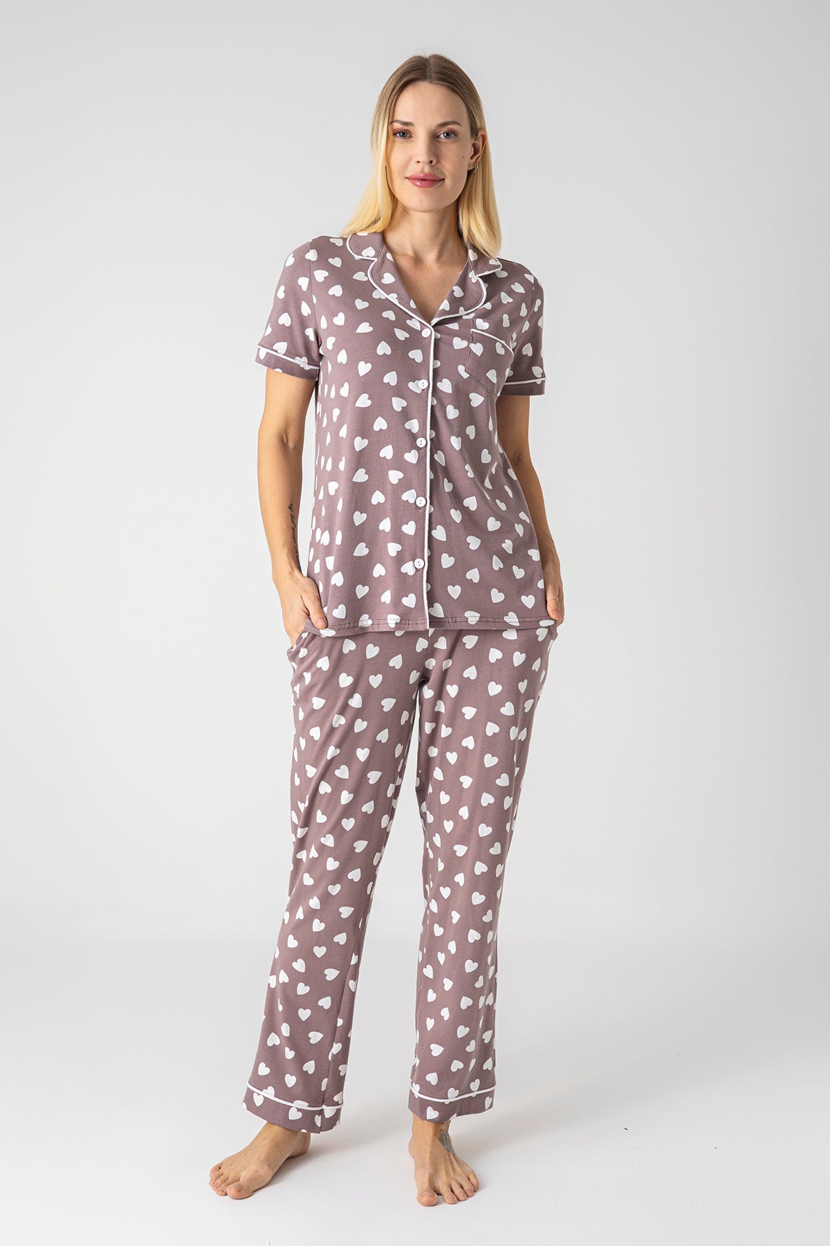 Women’s 100% Cotton Heart Print Brown Pajama Set – Soft Button-Up Short Sleeve Lounge Sleepwear