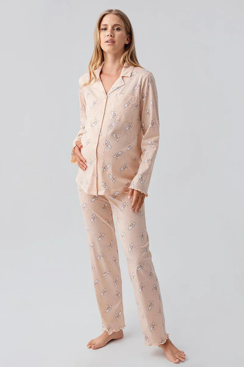 Long-Sleeve Patterned Buttoned Flexible Salmon 100% Cotton Maternity Pajama Set