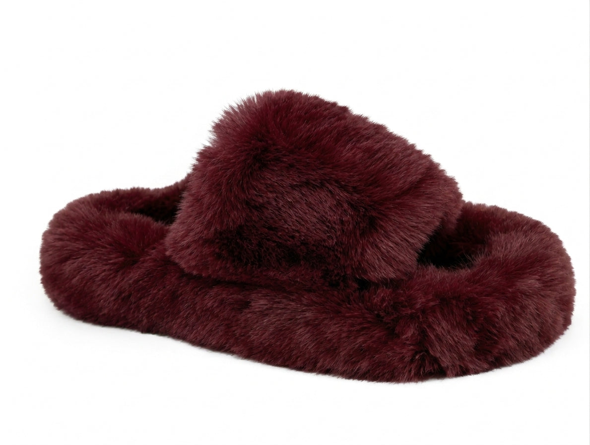 Women's Soft Fluffy Open-Toe House Slippers - Burgundy