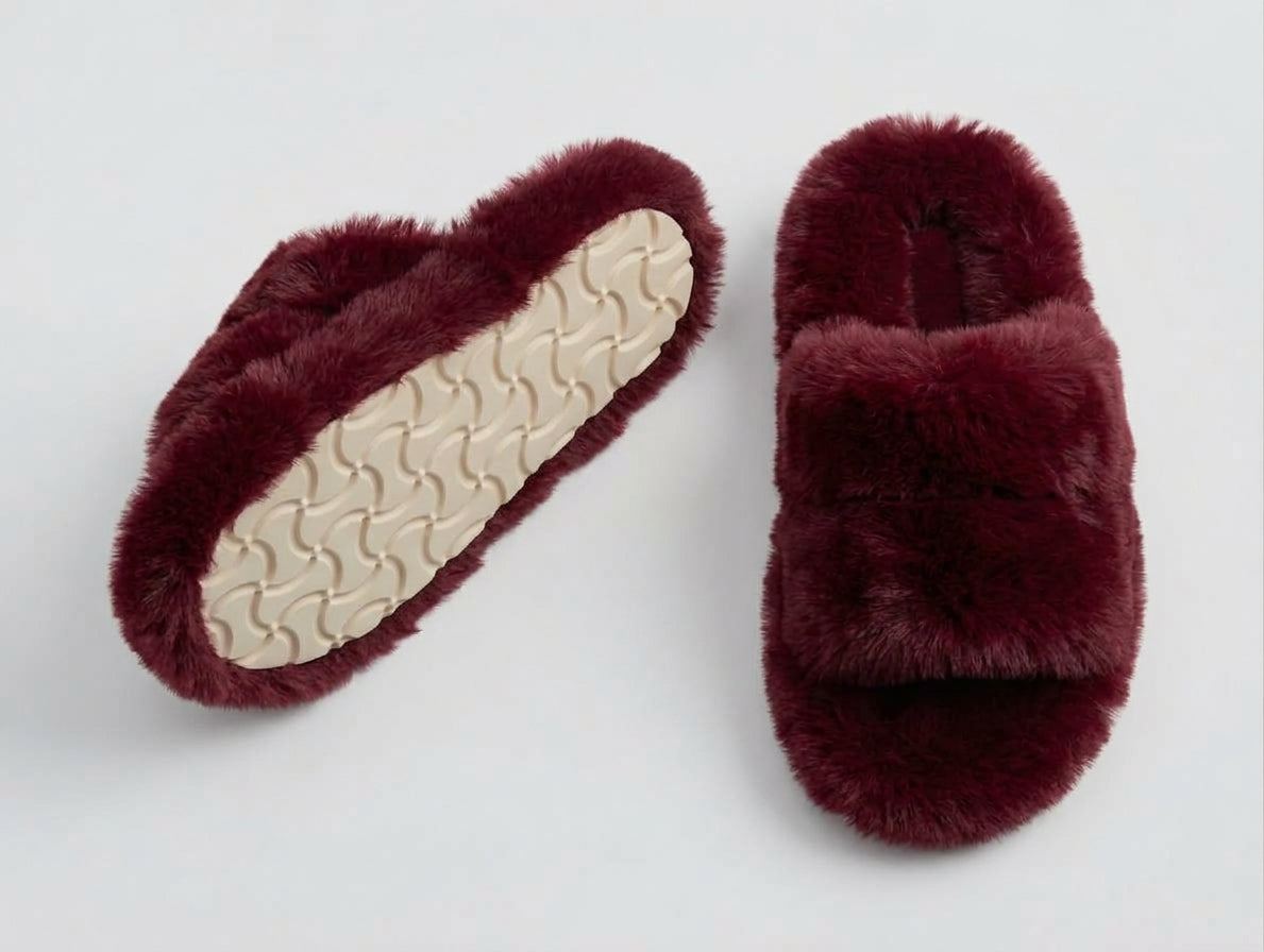 Women's Soft Fluffy Open-Toe House Slippers - Burgundy