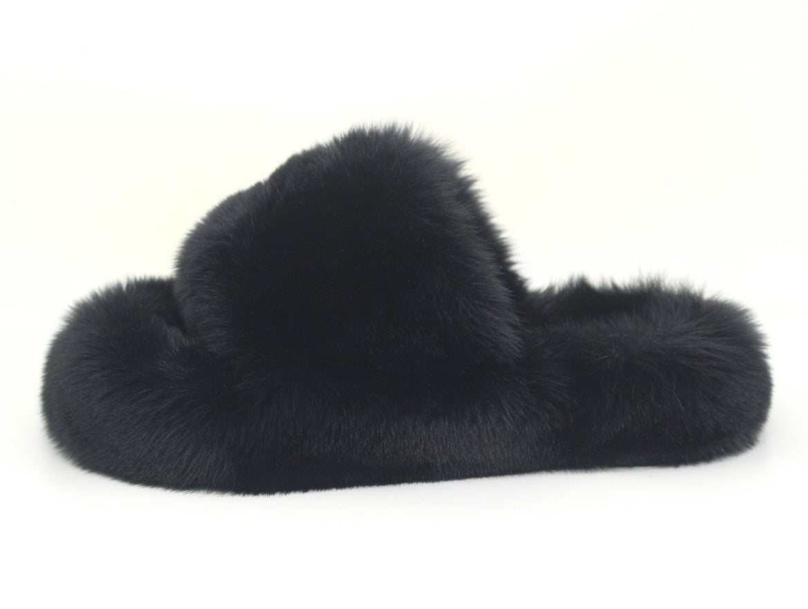 Luxe Shaggy Faux Fur Mule Slippers in Black