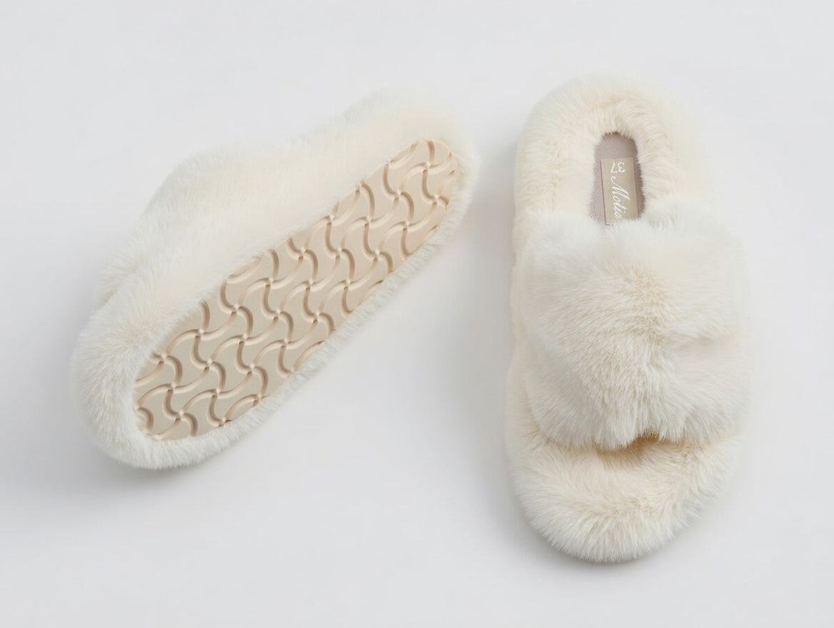 Cozy Plush Faux Fur Slippers - Ivory White
