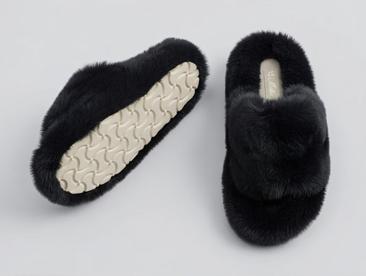 Luxe Shaggy Faux Fur Mule Slippers in Black