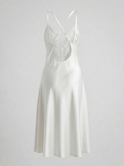 Women's Ecru Satin Nighgown with High Slit, Spaghetti Strap