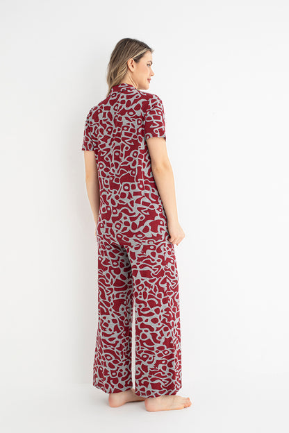 Women's 100% Viscose Short Sleeve Button-Up Red & Grey Patterned Pajama Set
