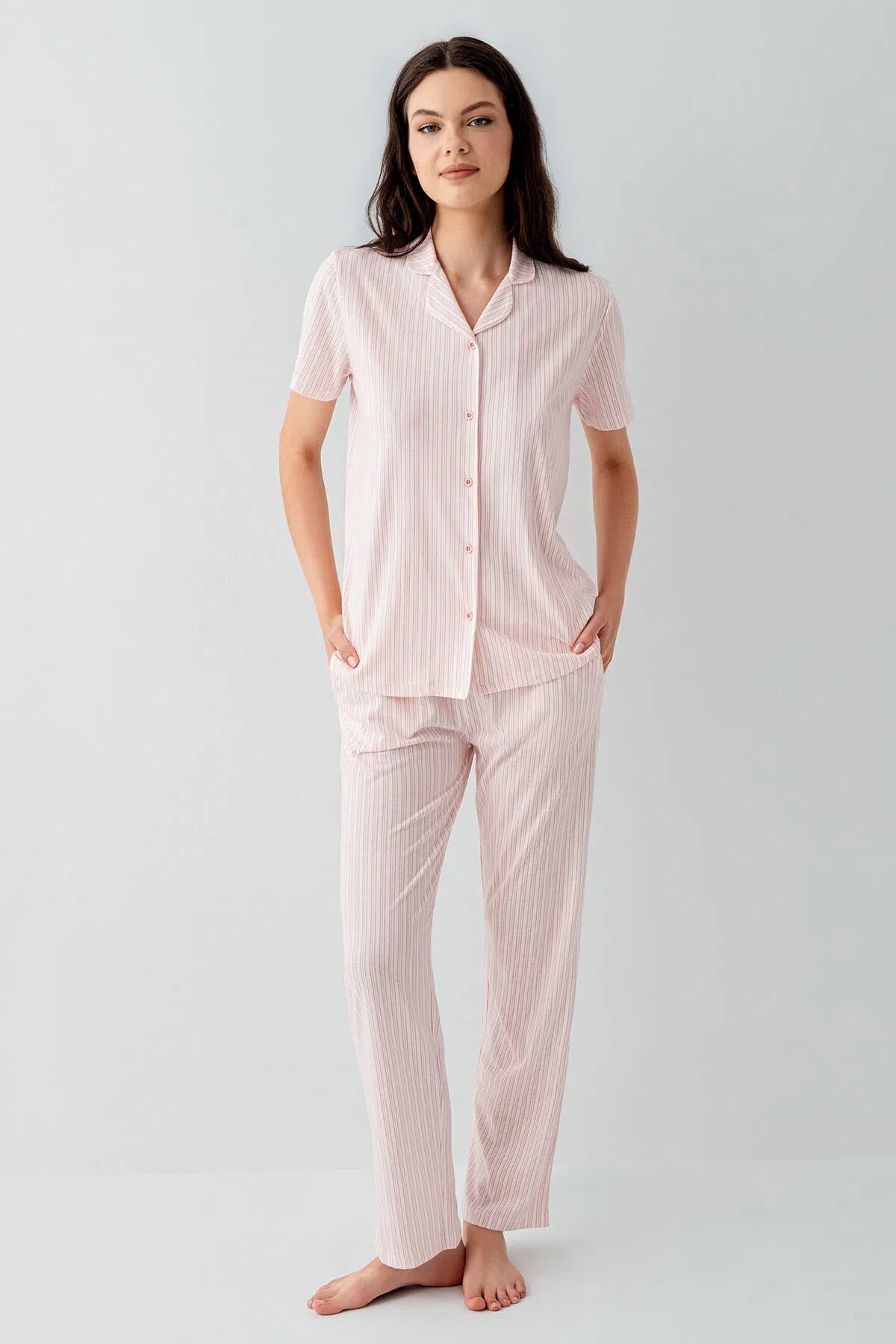 Women's Short Sleeve Cotton Modal Pink Shirt and Pajama Set